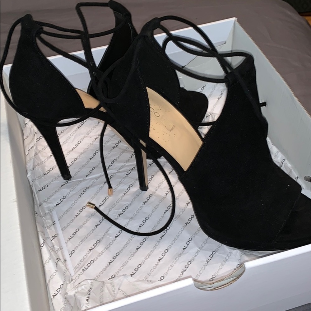 Black lace up suede heels